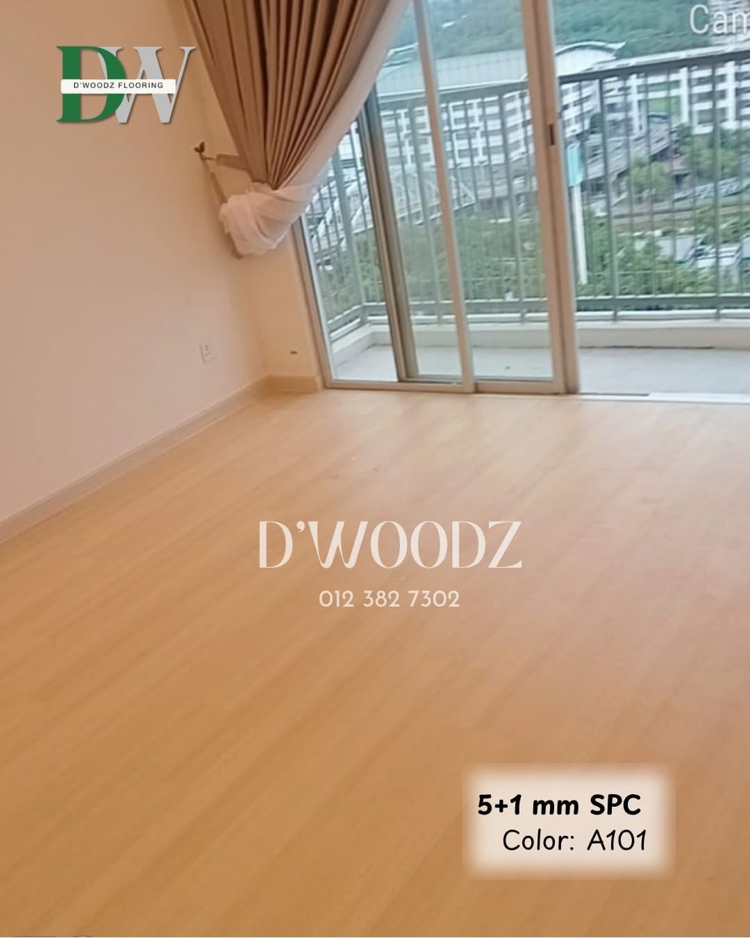 An empty apartment living room with a warm oak-toned plank floor, sheer curtains and a balcony; the D'Woodz watermark and product label in frame.