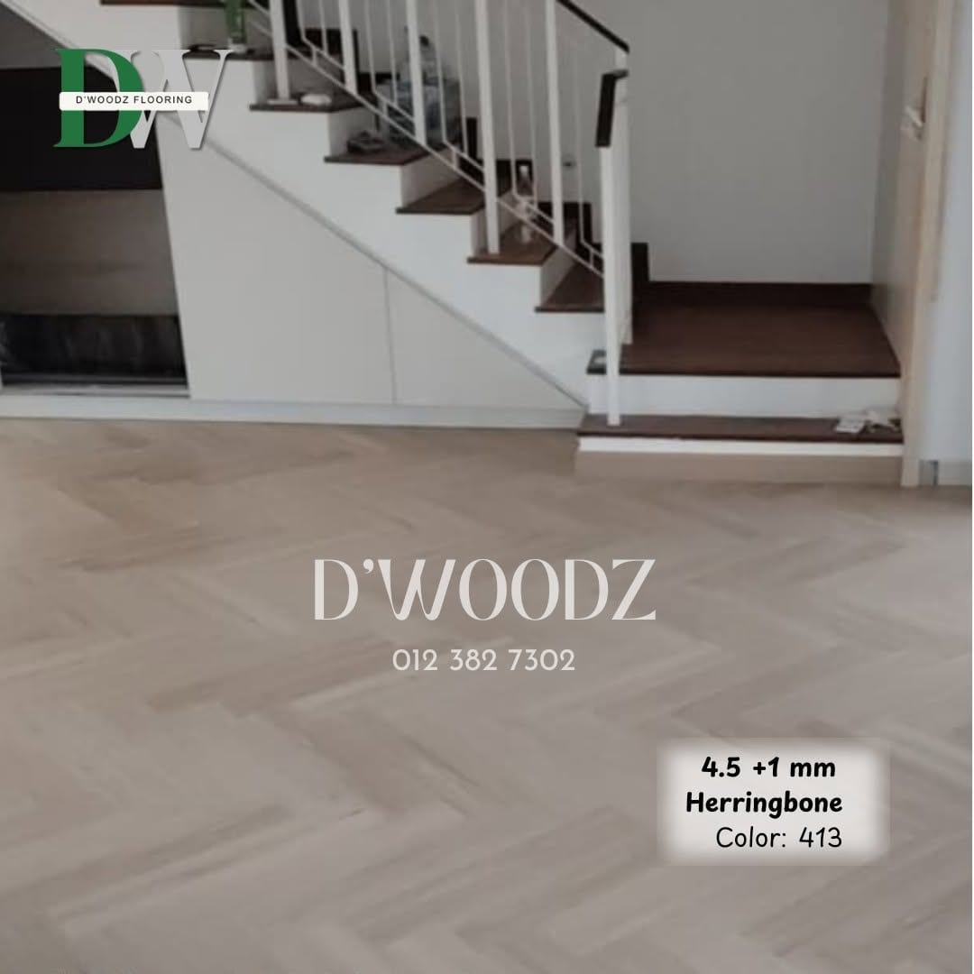 A pale herringbone floor across an entrance hall, a white staircase with dark treads rising beside it; the D'Woodz watermark and product label in frame.
