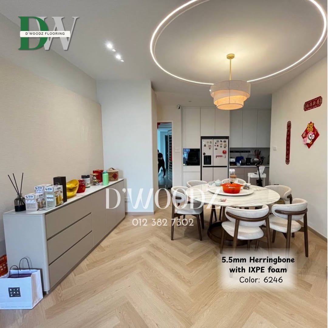 A hallway with a pale herringbone floor leading to a dining table under a ring pendant light; the D'Woodz watermark and product label in frame.